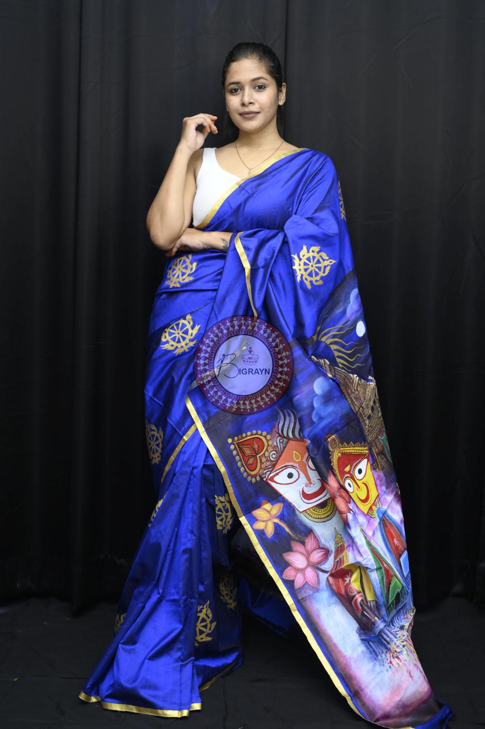 Blue Golden Rathyatra Pattachitra Silk Saree