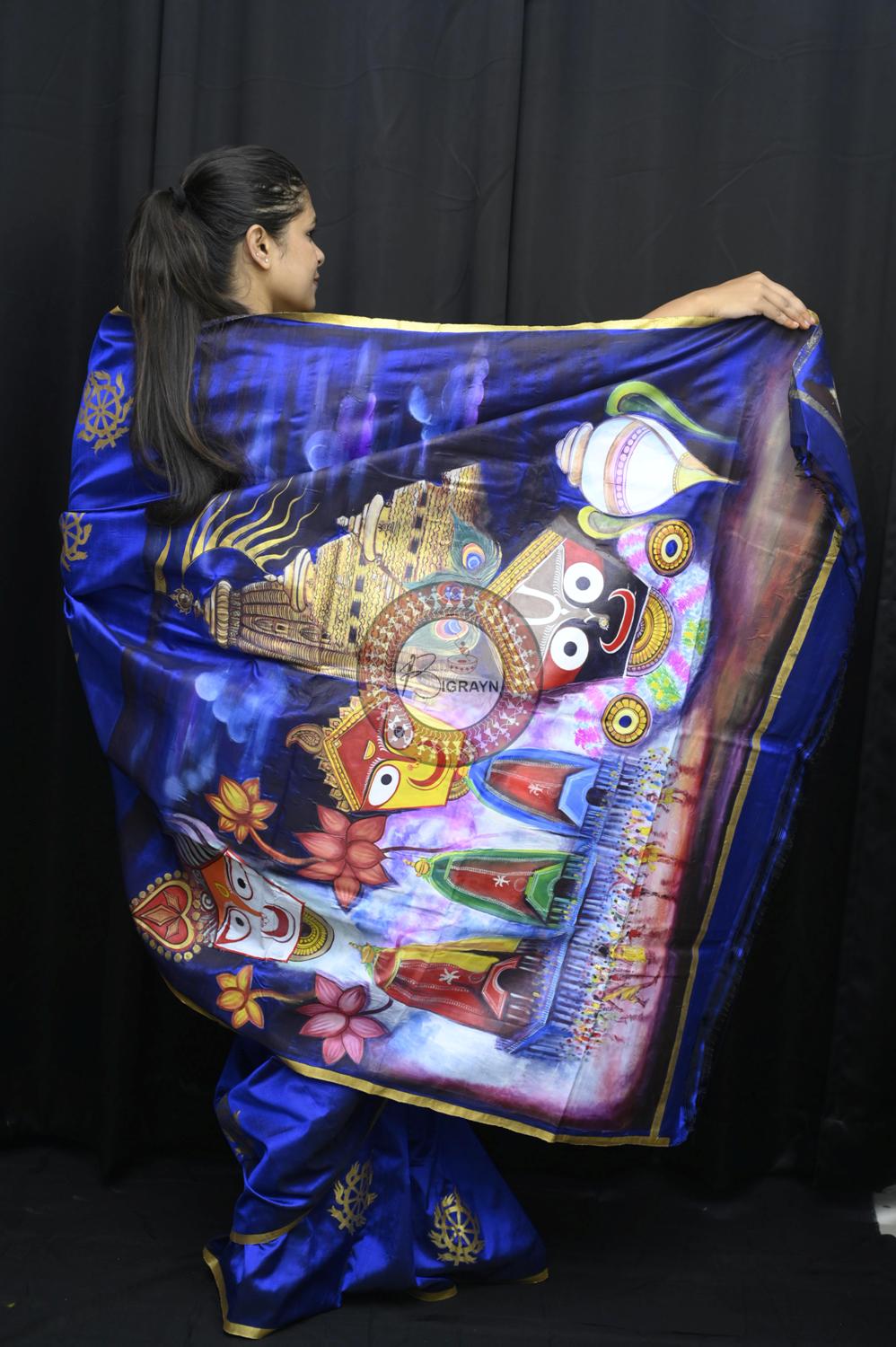 Blue Golden Rathyatra Pattachitra Silk Saree