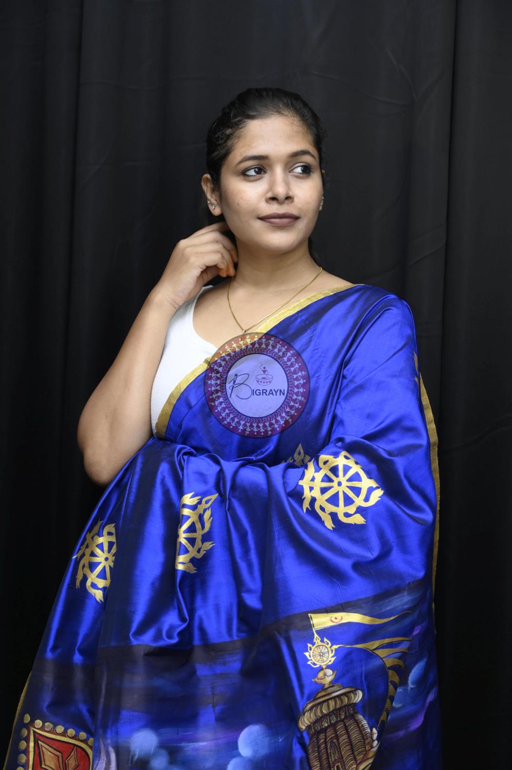 Blue Golden Rathyatra Pattachitra Silk Saree