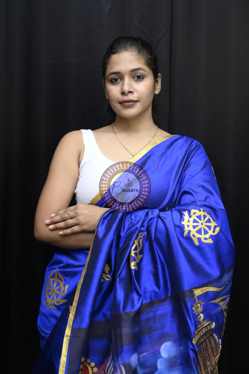 Blue Golden Rathyatra Pattachitra Silk Saree
