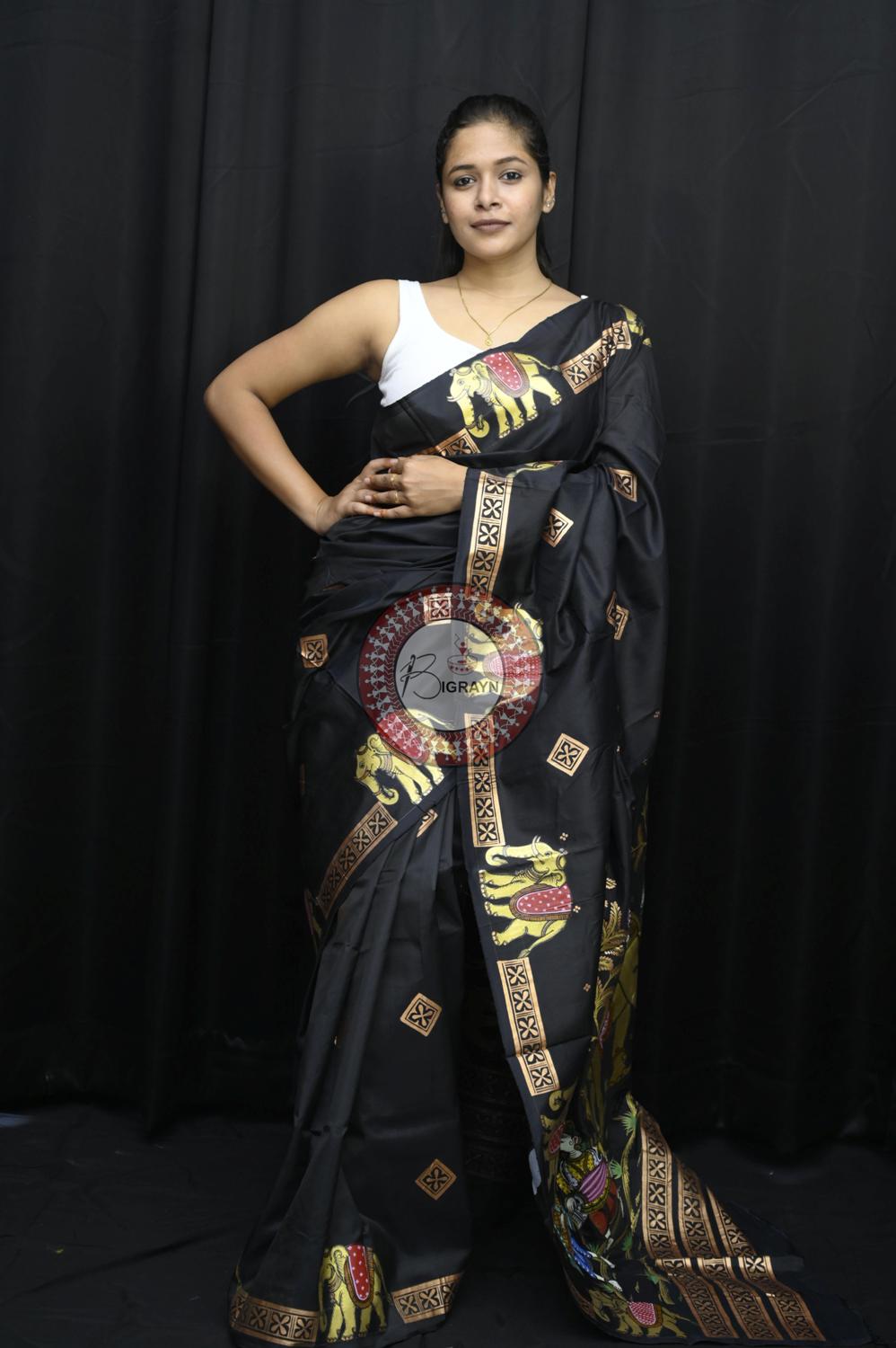 Black Golden Ashoka Theme Pattachitra Silk Saree