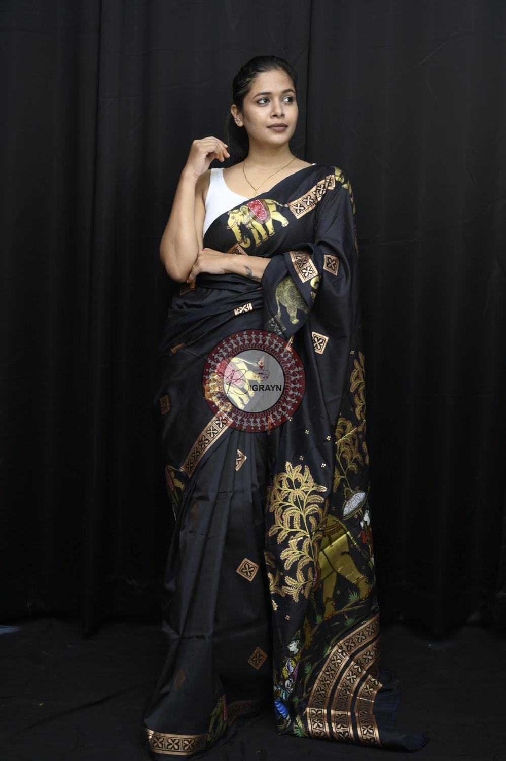 Black Golden Ashoka Theme Pattachitra Silk Saree