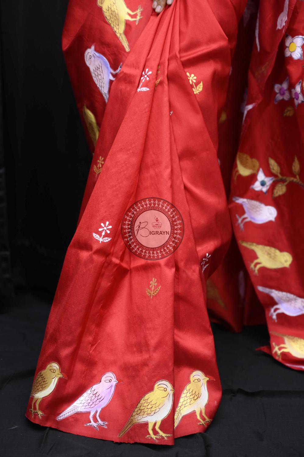 Red Birds Theme Pattachitra Silk Saree