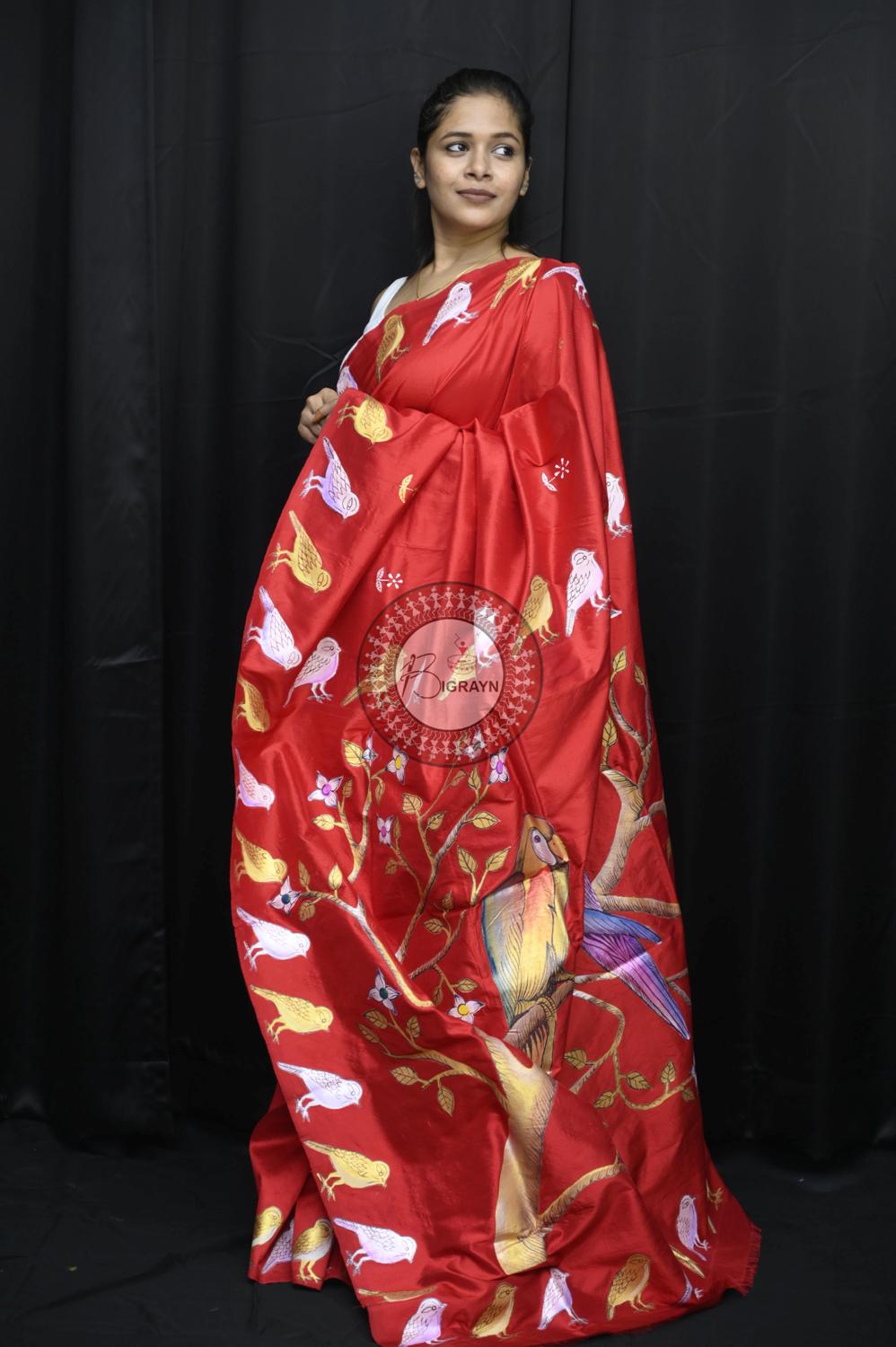 Red Birds Theme Pattachitra Silk Saree