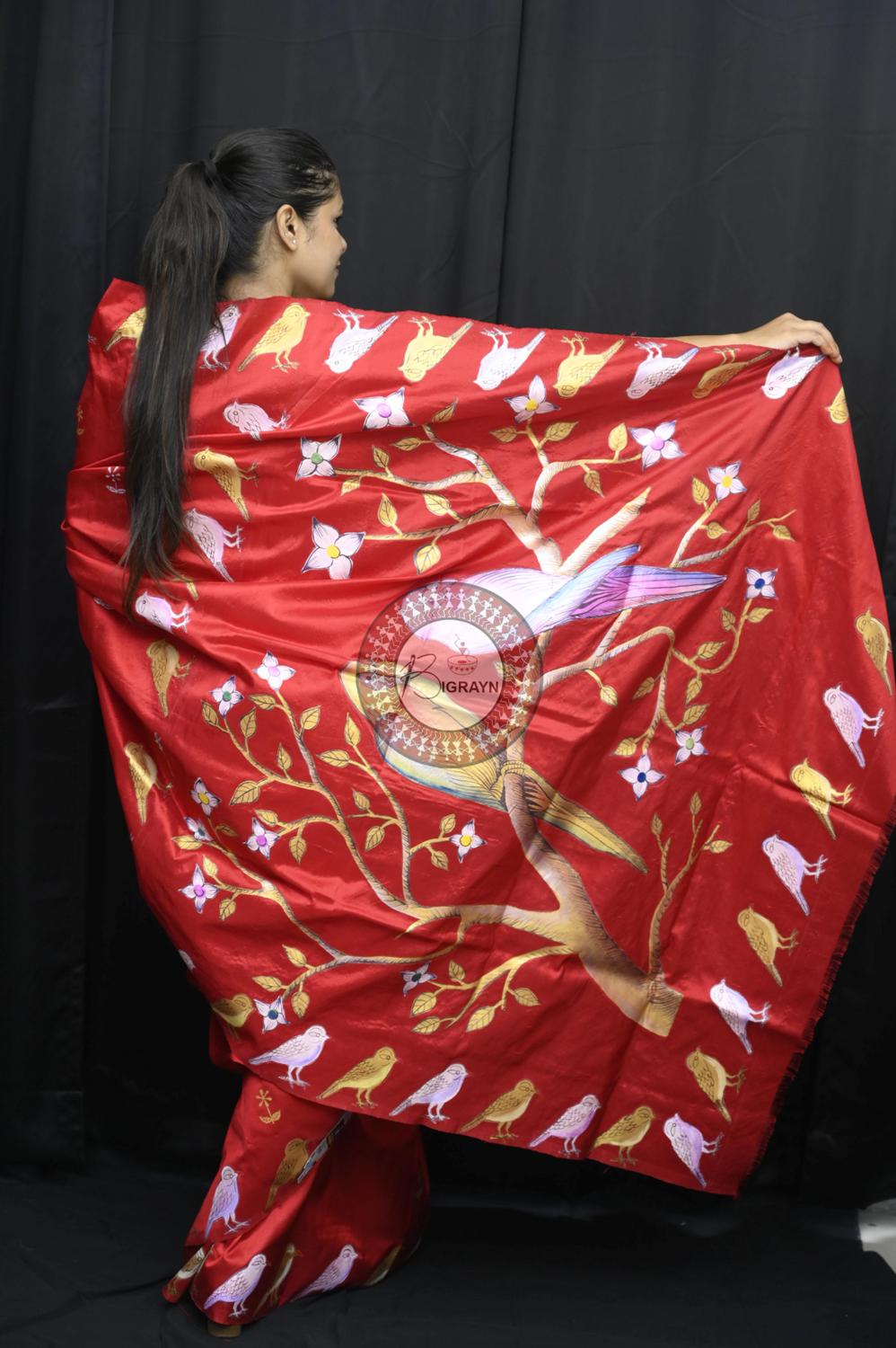 Red Birds Theme Pattachitra Silk Saree