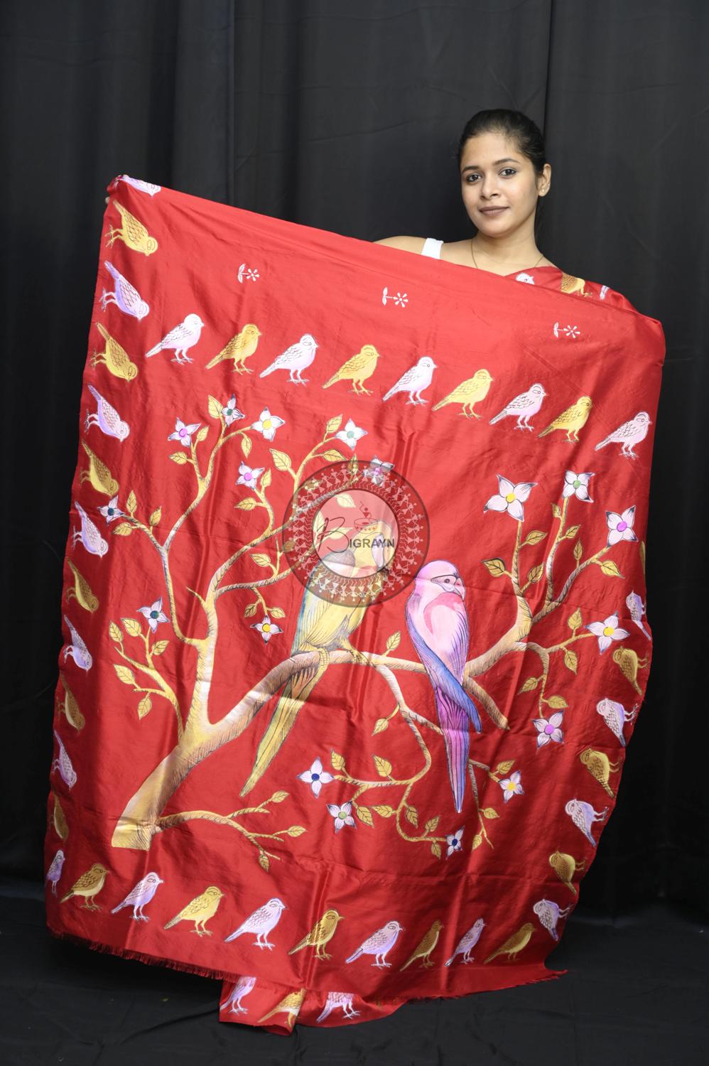 Red Birds Theme Pattachitra Silk Saree