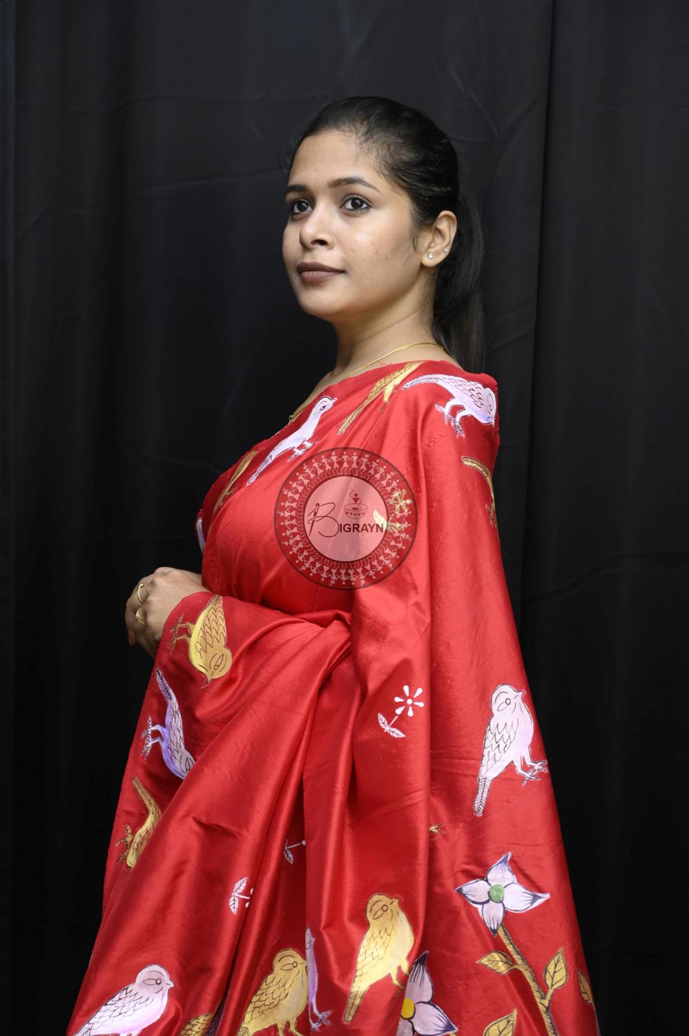 Red Birds Theme Pattachitra Silk Saree