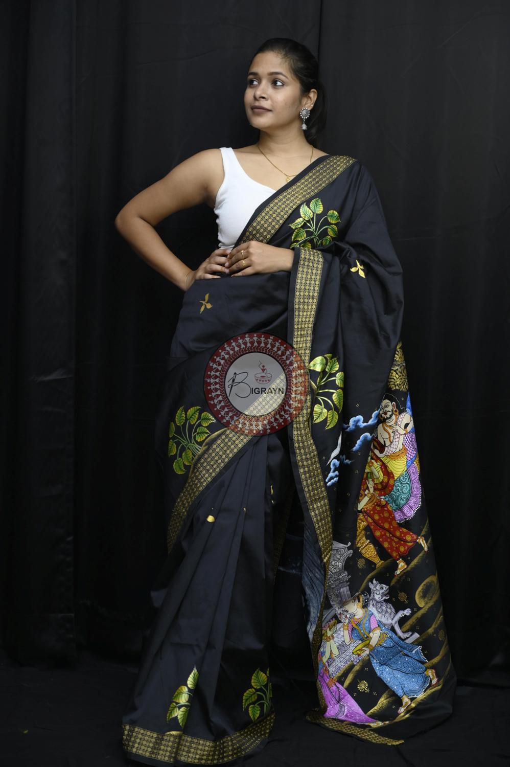 Black Pravata Barnana Theme Pattachitra Silk Saree