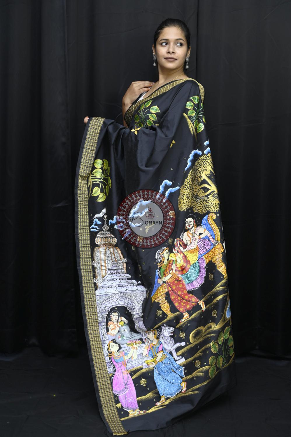 Black Pravata Barnana Theme Pattachitra Silk Saree