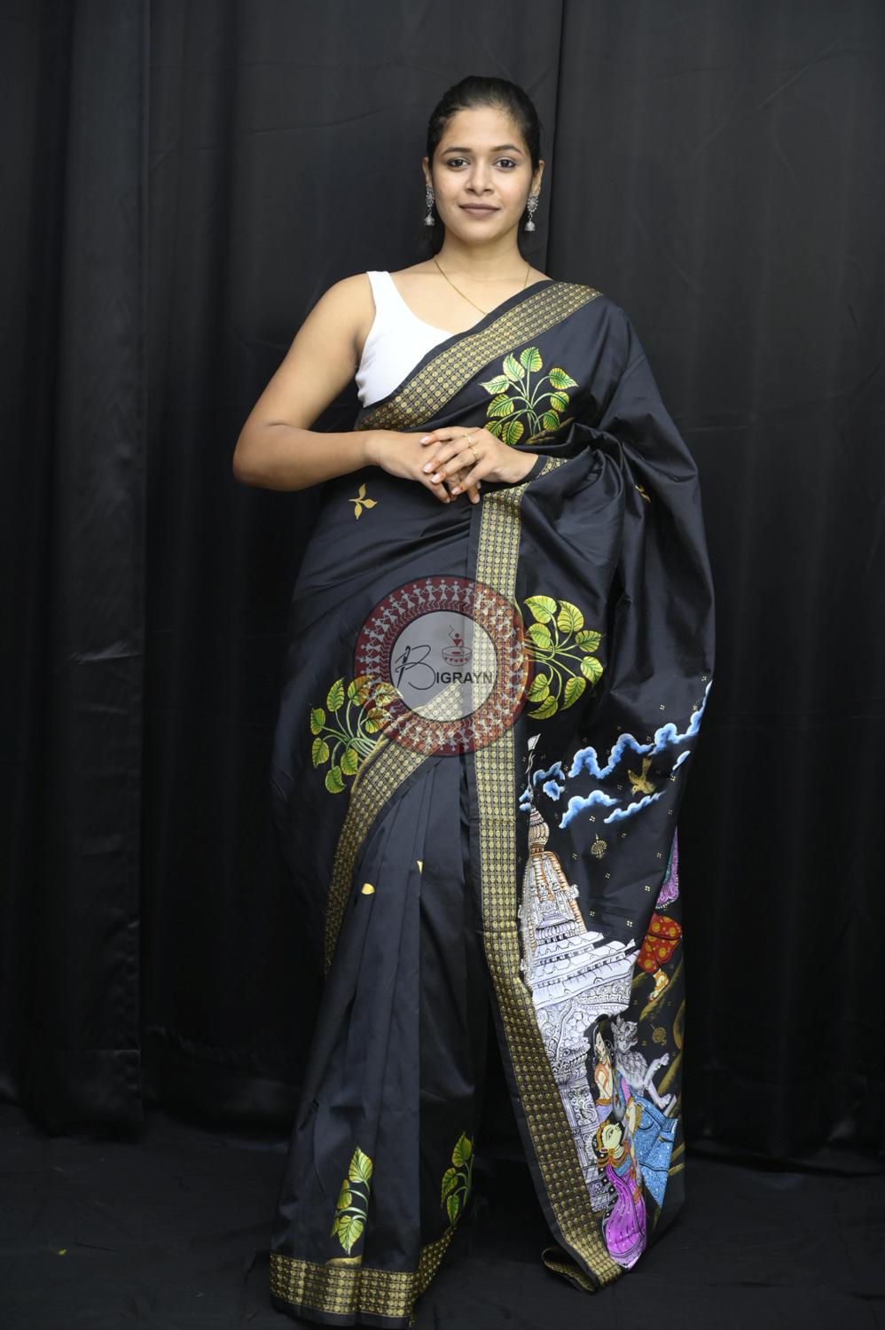 Black Pravata Barnana Theme Pattachitra Silk Saree
