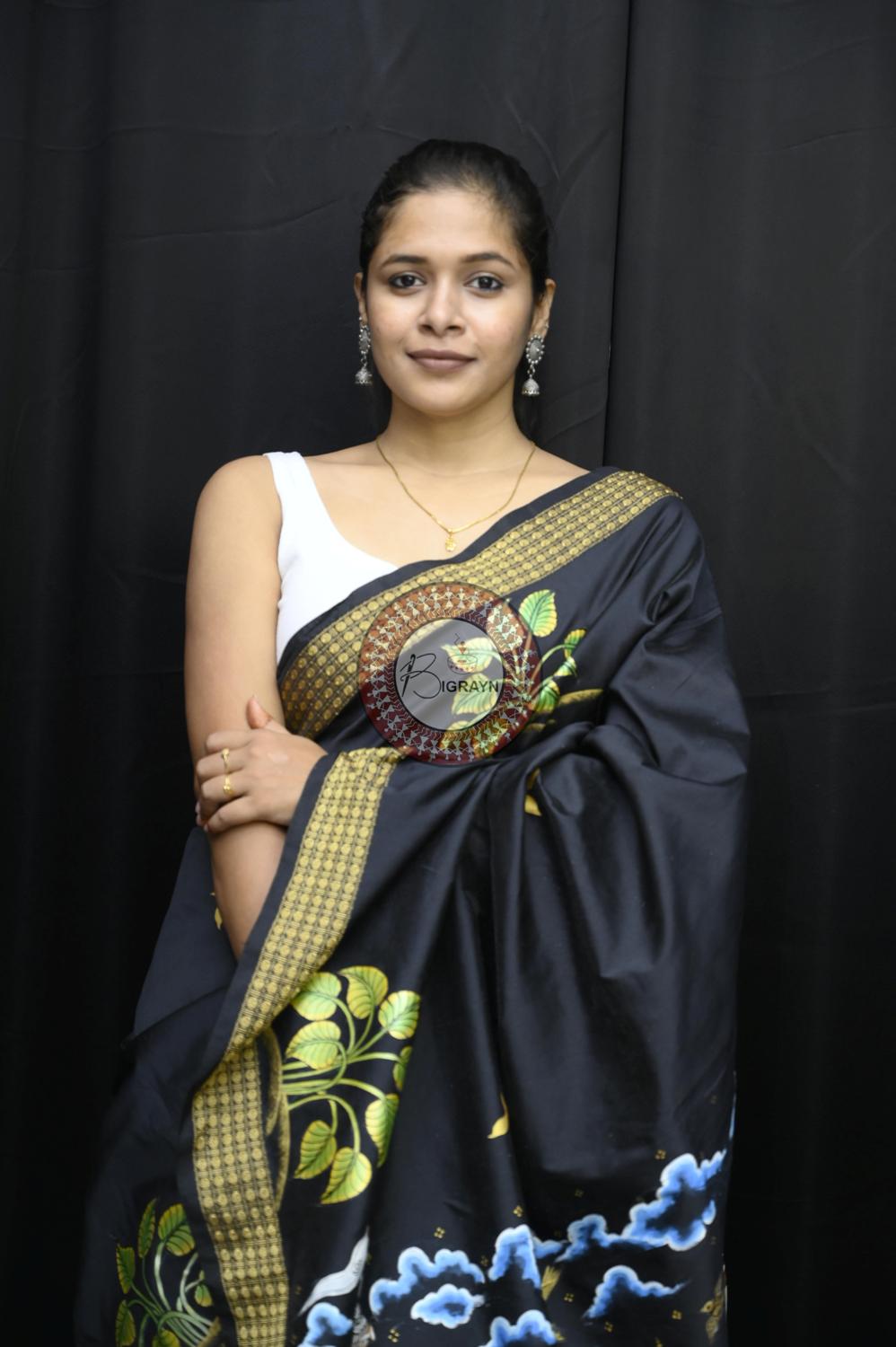 Black Pravata Barnana Theme Pattachitra Silk Saree