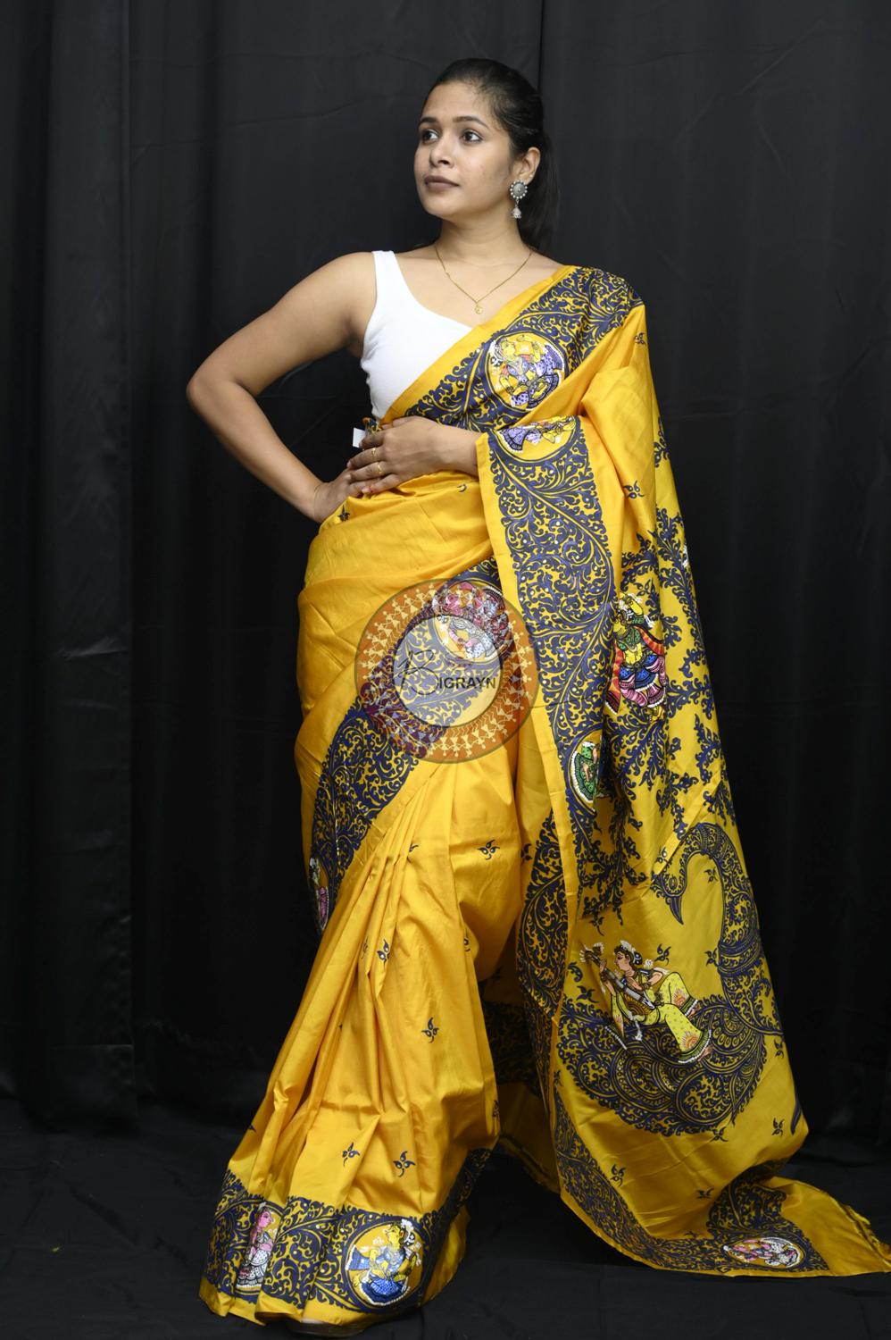 Yellow Kandarpa Peacock Pattachitra Silk Saree