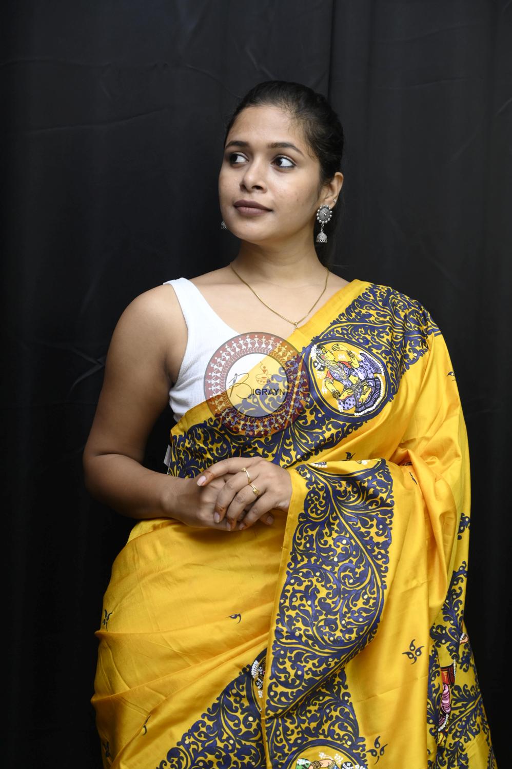 Yellow Kandarpa Peacock Pattachitra Silk Saree