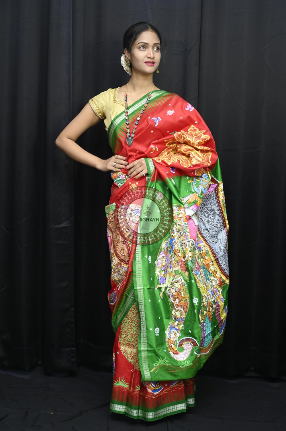Red Green 7 Kandarpa Hasti Pattachitra Silk Saree