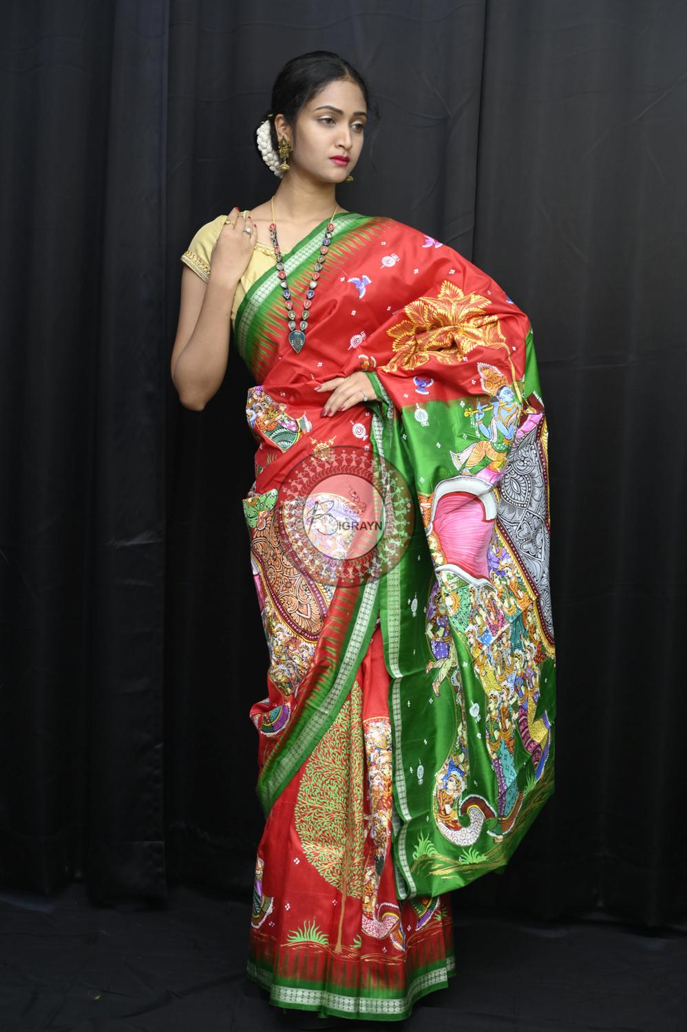 Red Green 7 Kandarpa Hasti Pattachitra Silk Saree