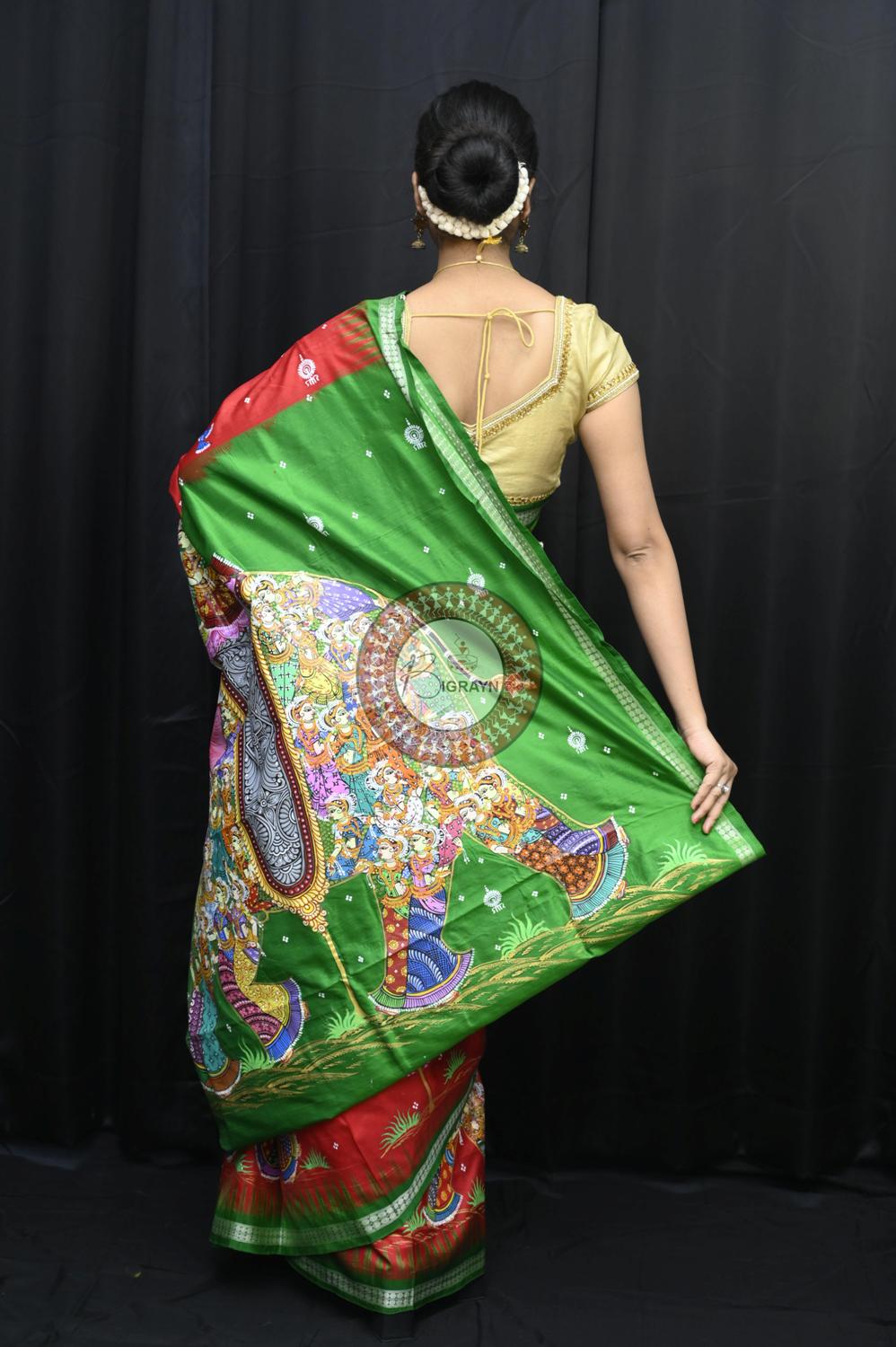 Red Green 7 Kandarpa Hasti Pattachitra Silk Saree