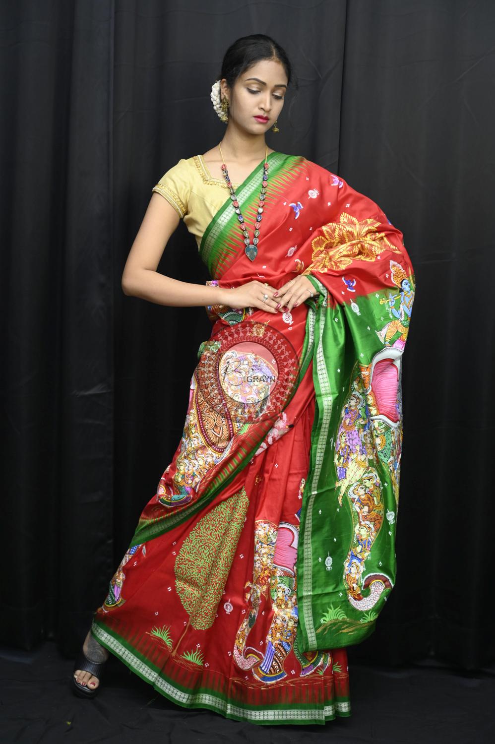 Red Green 7 Kandarpa Hasti Pattachitra Silk Saree