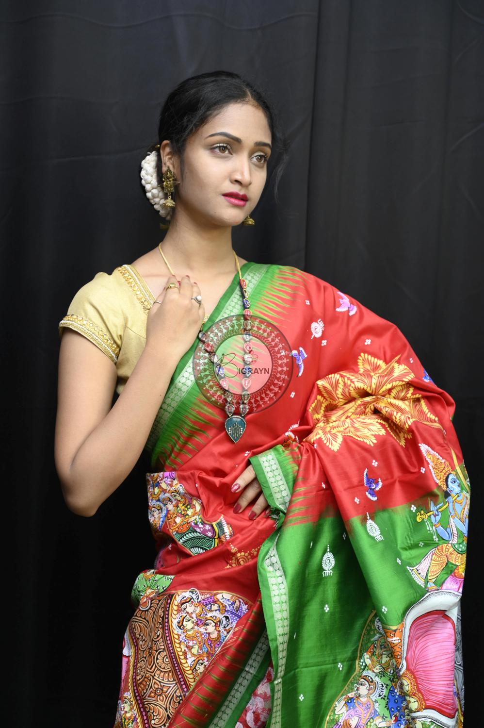 Red Green 7 Kandarpa Hasti Pattachitra Silk Saree