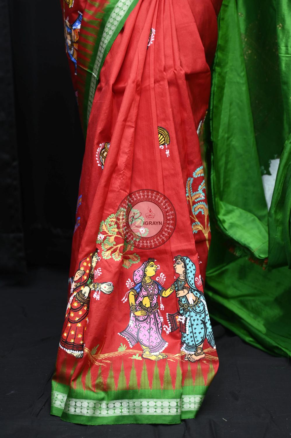 Red Green Siva Vivah Theme Pattachitra Silk Saree