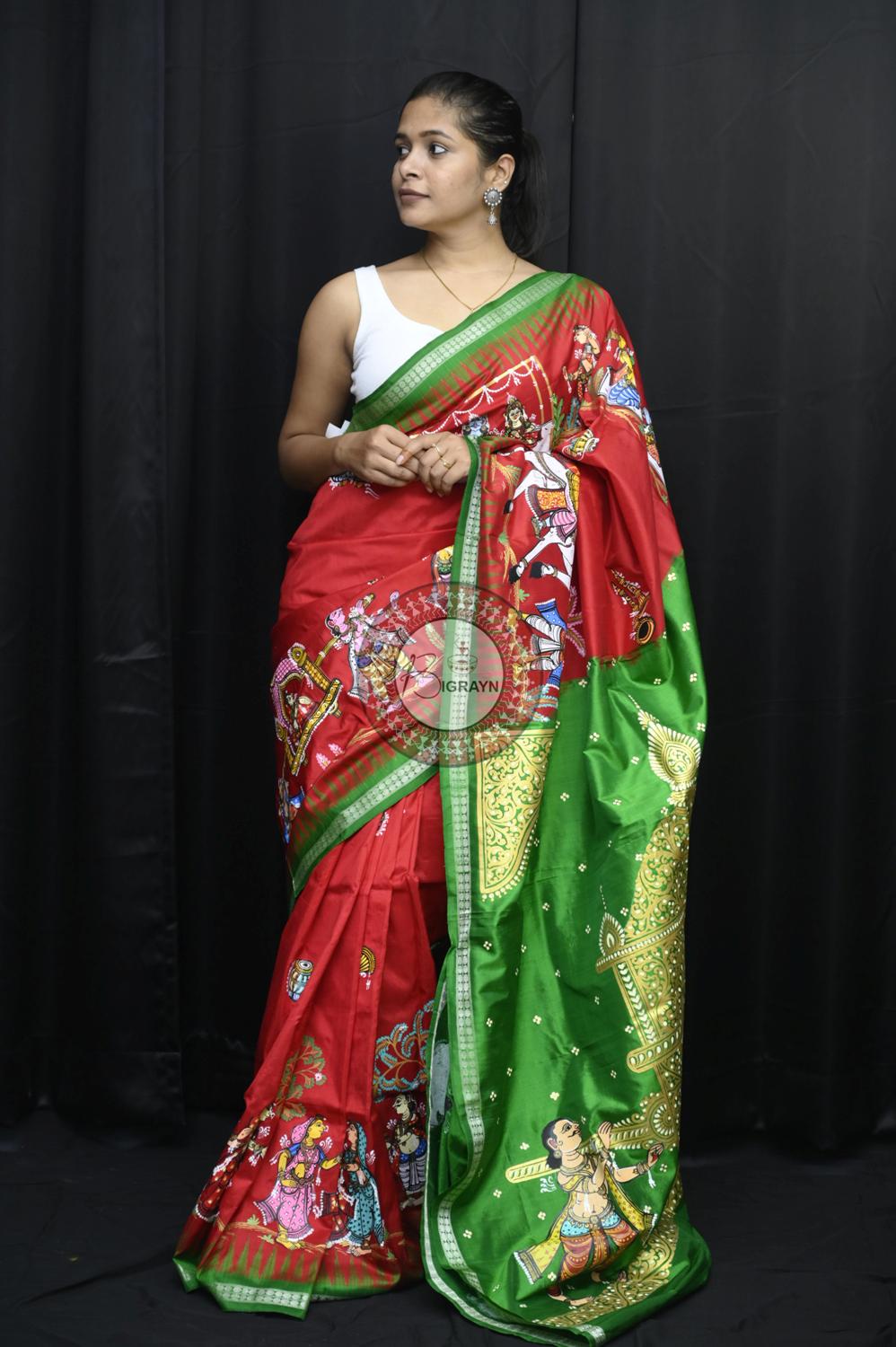 Red Green Siva Vivah Theme Pattachitra Silk Saree