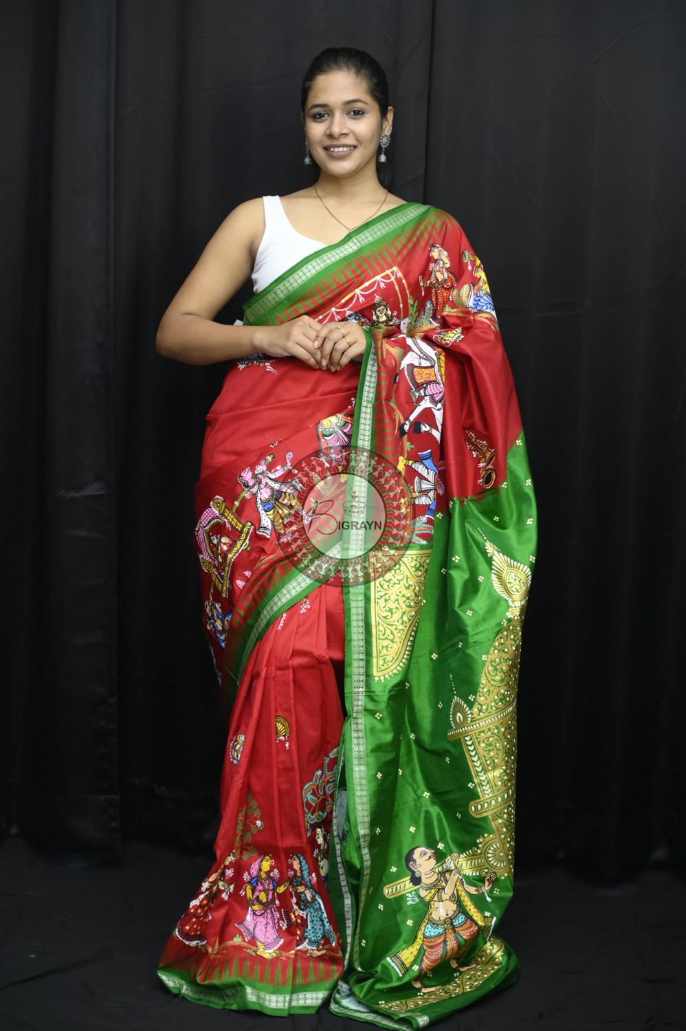 Red Green Siva Vivah Theme Pattachitra Silk Saree