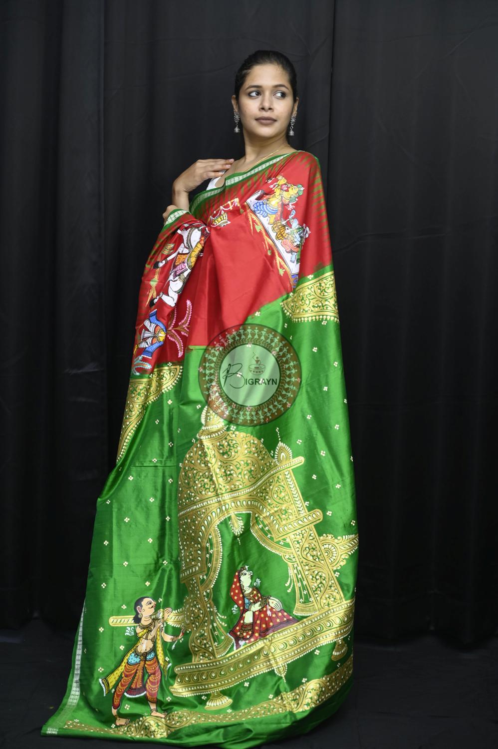 Red Green Siva Vivah Theme Pattachitra Silk Saree
