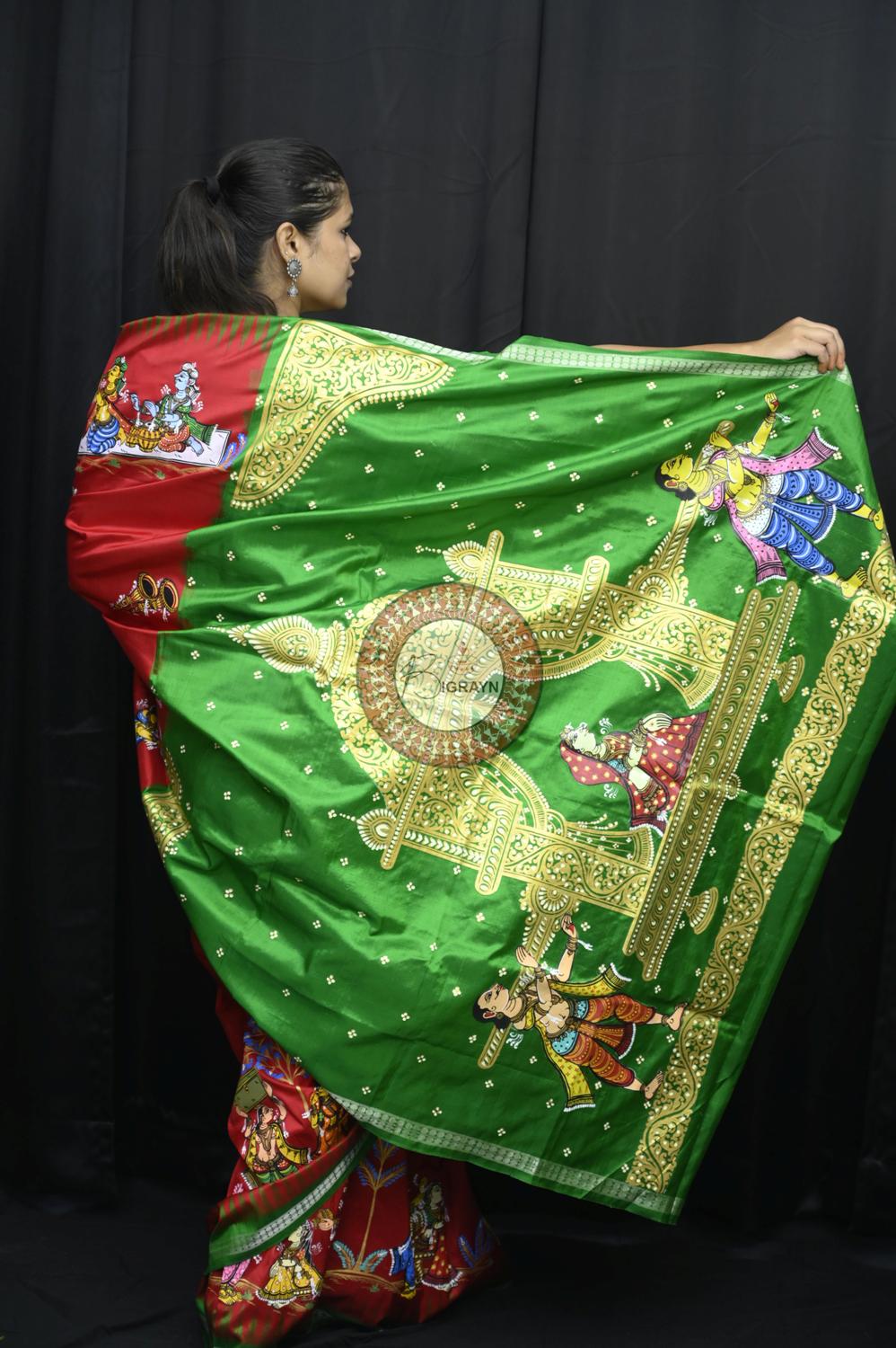 Red Green Siva Vivah Theme Pattachitra Silk Saree