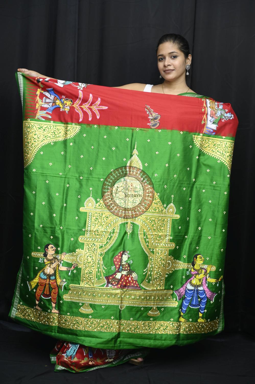 Red Green Siva Vivah Theme Pattachitra Silk Saree