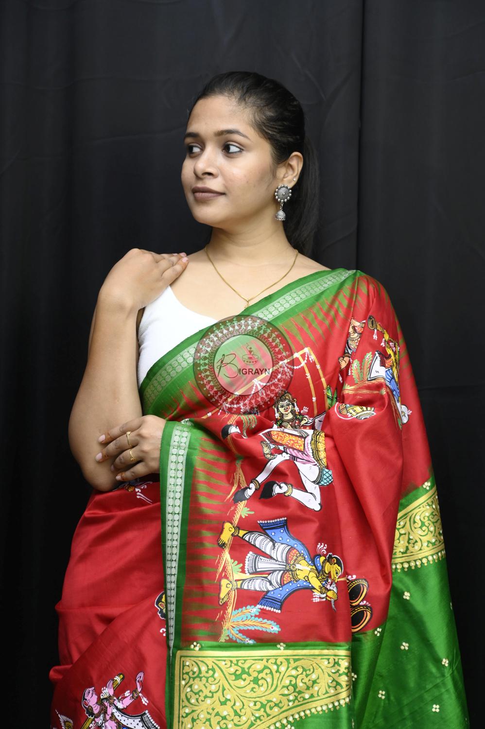 Red Green Siva Vivah Theme Pattachitra Silk Saree