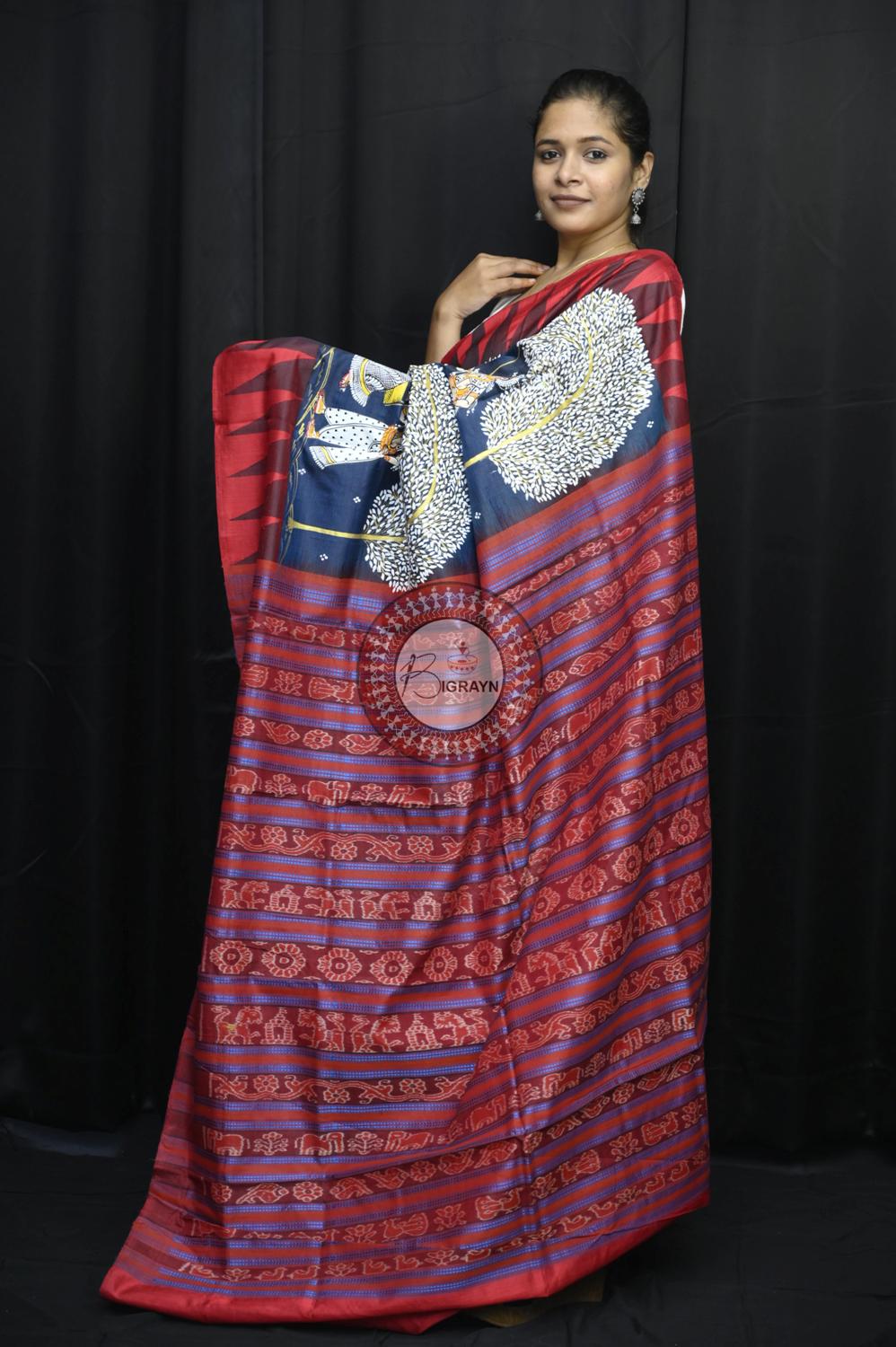 Navy Blue Red Raja Theme Pattachitra Tussar Silk Saree