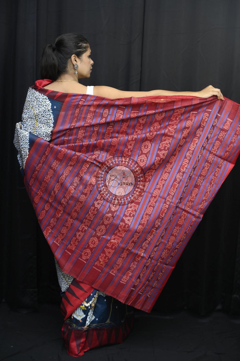 Navy Blue Red Raja Theme Pattachitra Tussar Silk Saree