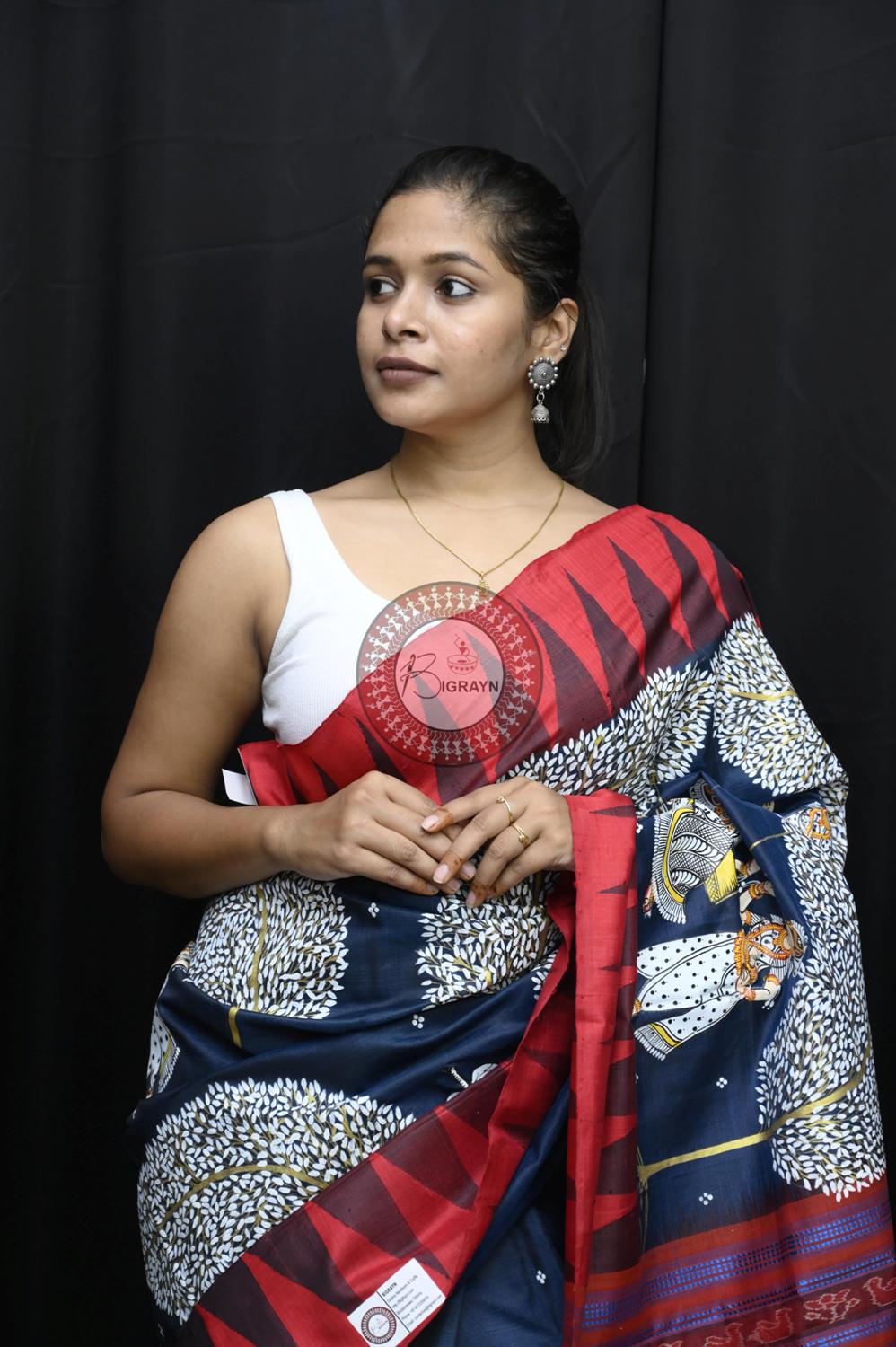 Navy Blue Red Raja Theme Pattachitra Tussar Silk Saree