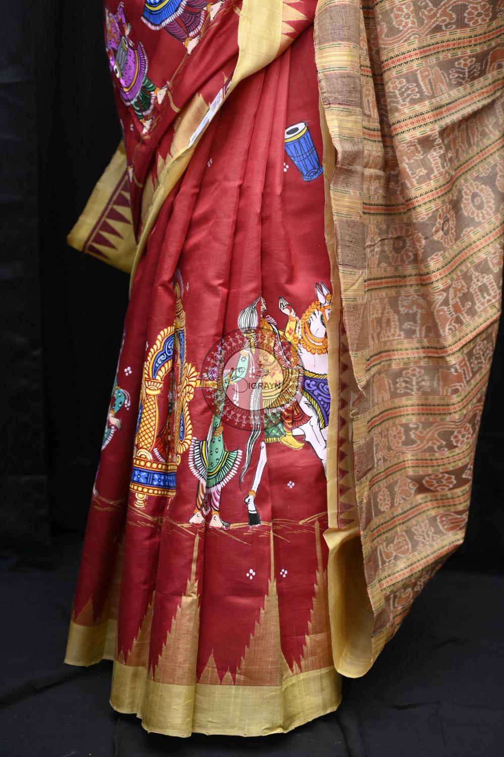 Maroon Marriage Theme Pattachitra Silk Saree