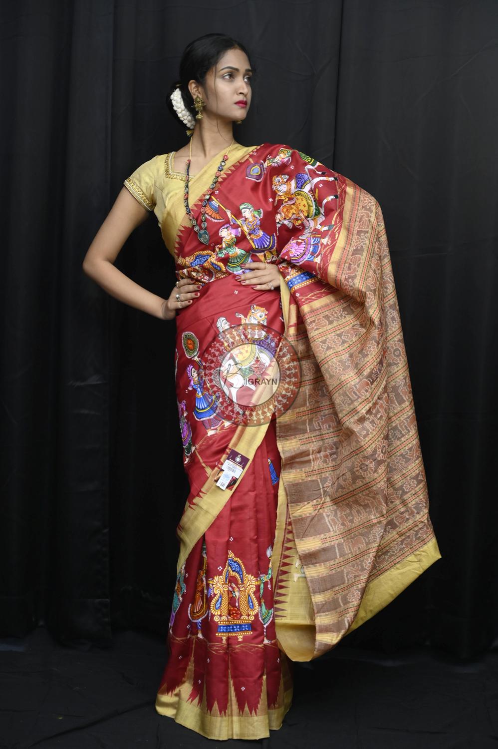 Maroon Marriage Theme Pattachitra Silk Saree