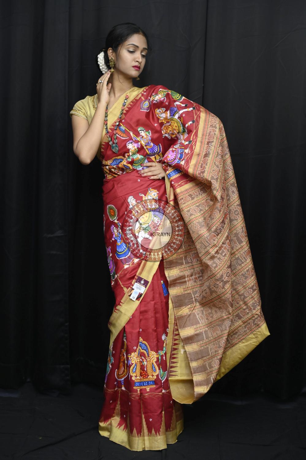 Maroon Marriage Theme Pattachitra Silk Saree