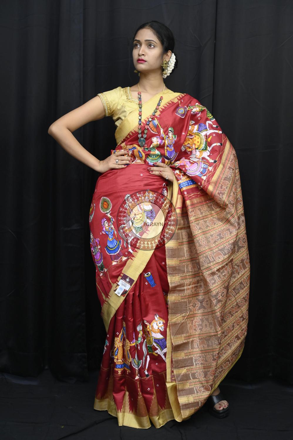 Maroon Marriage Theme Pattachitra Silk Saree