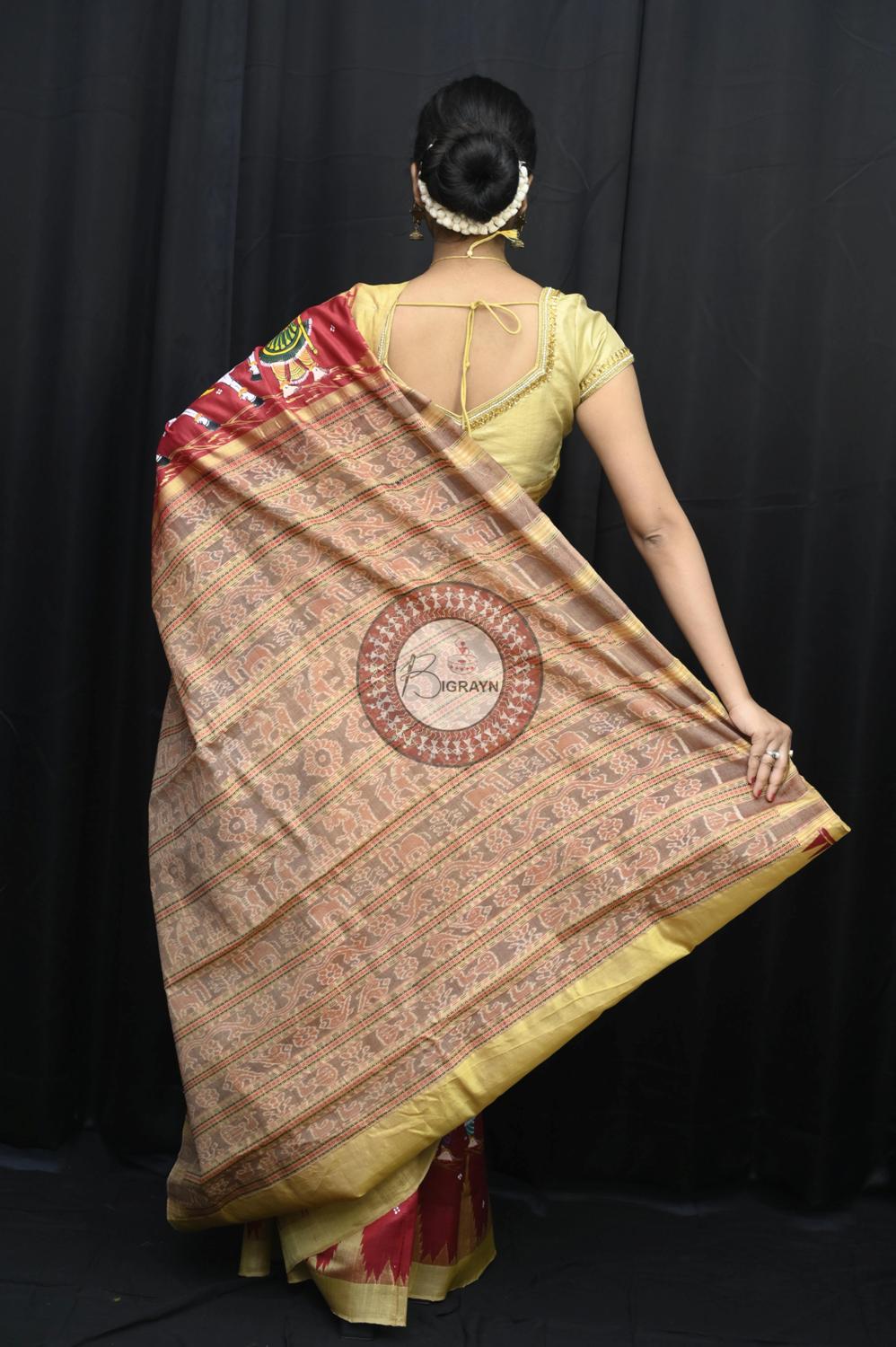 Maroon Marriage Theme Pattachitra Silk Saree