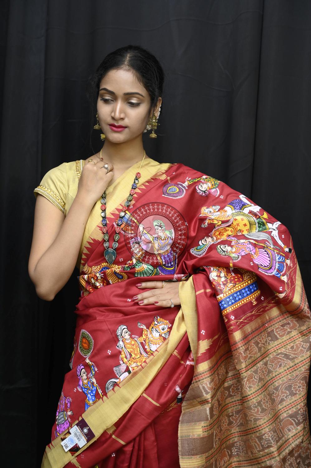 Maroon Marriage Theme Pattachitra Silk Saree