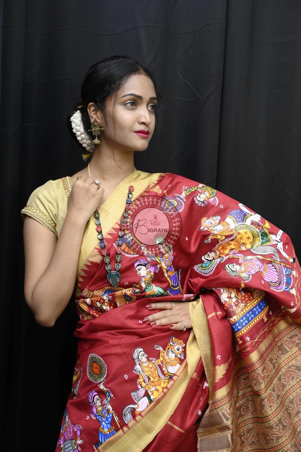Maroon Marriage Theme Pattachitra Silk Saree