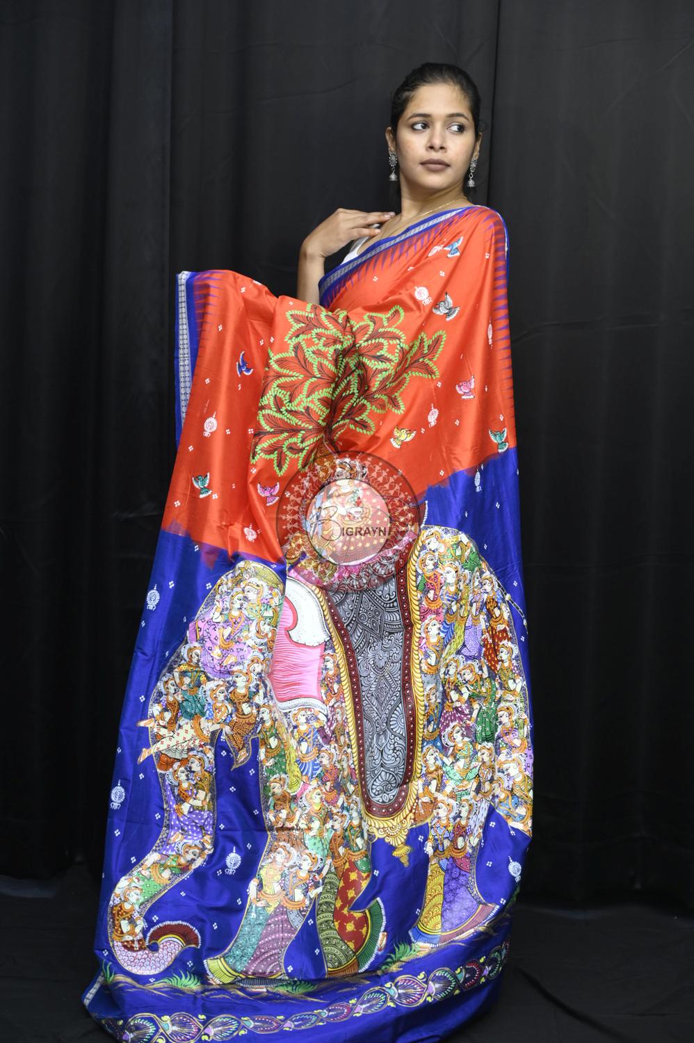 Orange Blue 7 Kandarpa Hasti Pattachitra Silk Saree