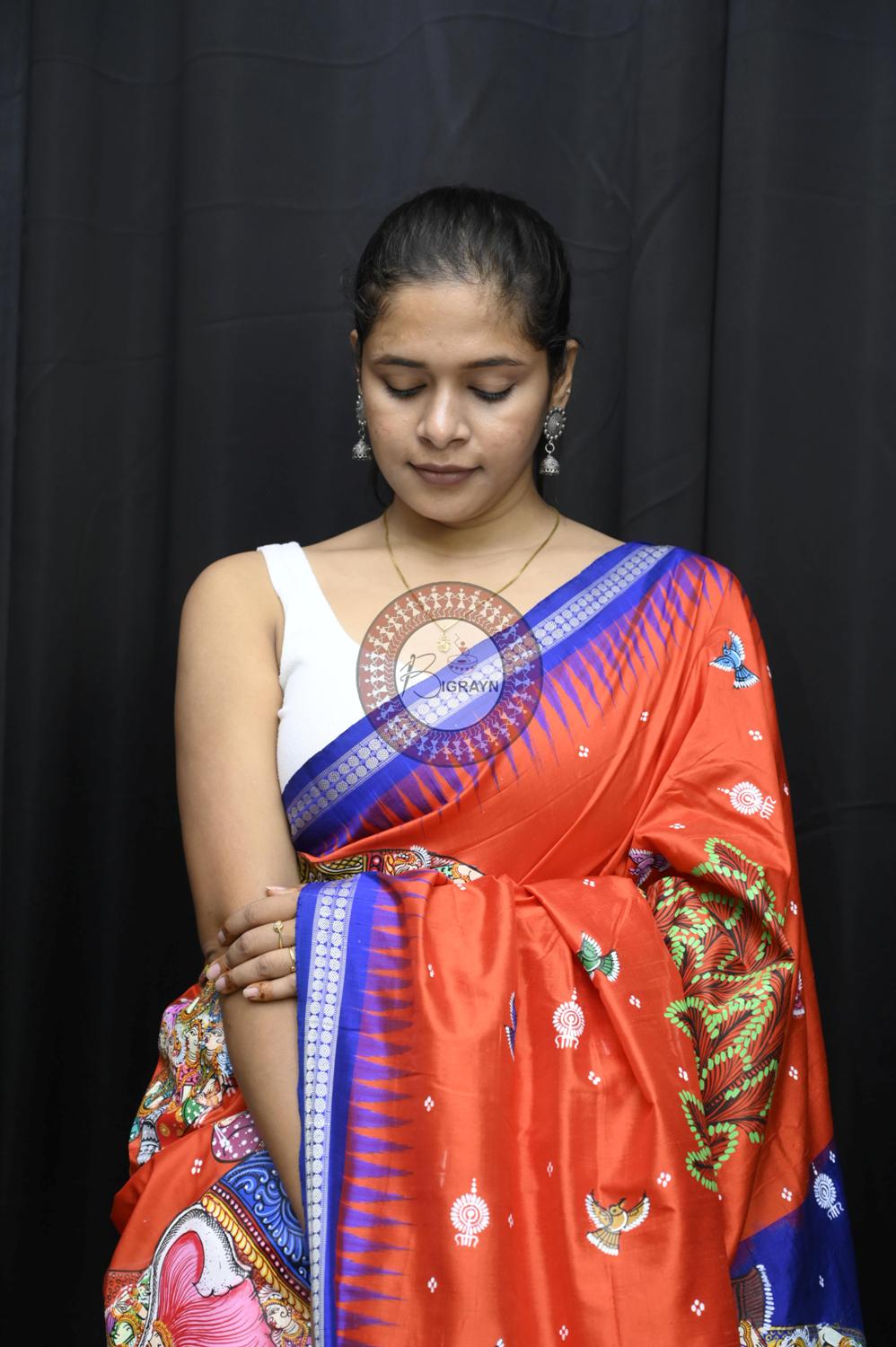 Orange Blue 7 Kandarpa Hasti Pattachitra Silk Saree