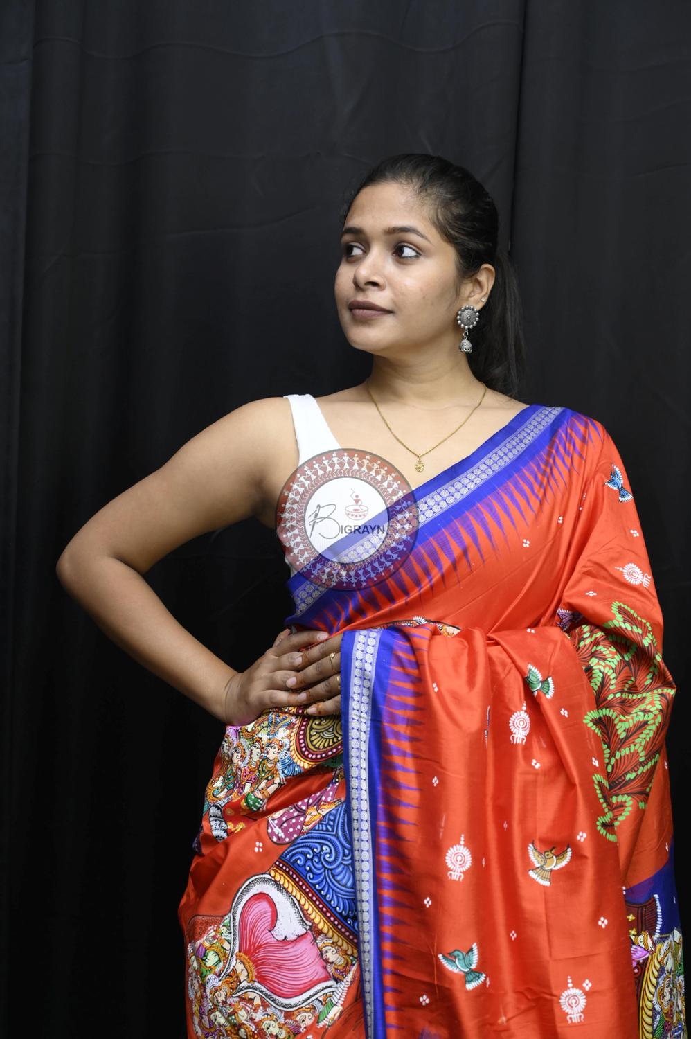 Orange Blue 7 Kandarpa Hasti Pattachitra Silk Saree