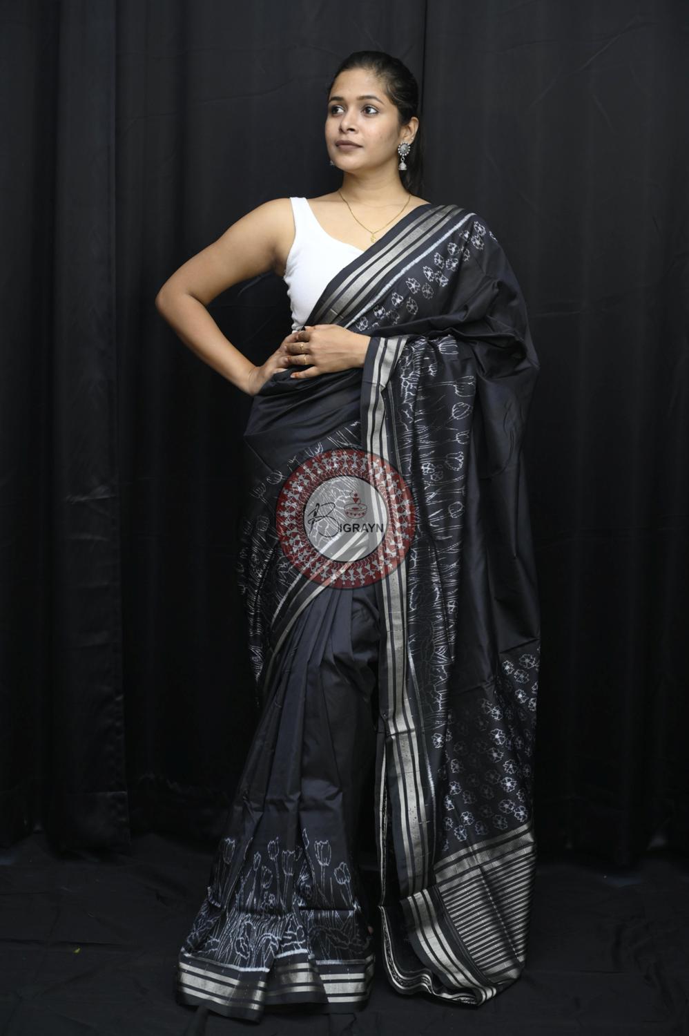 Black Tulips Lily Scot Natural Dye Sambalpuri Silk Saree