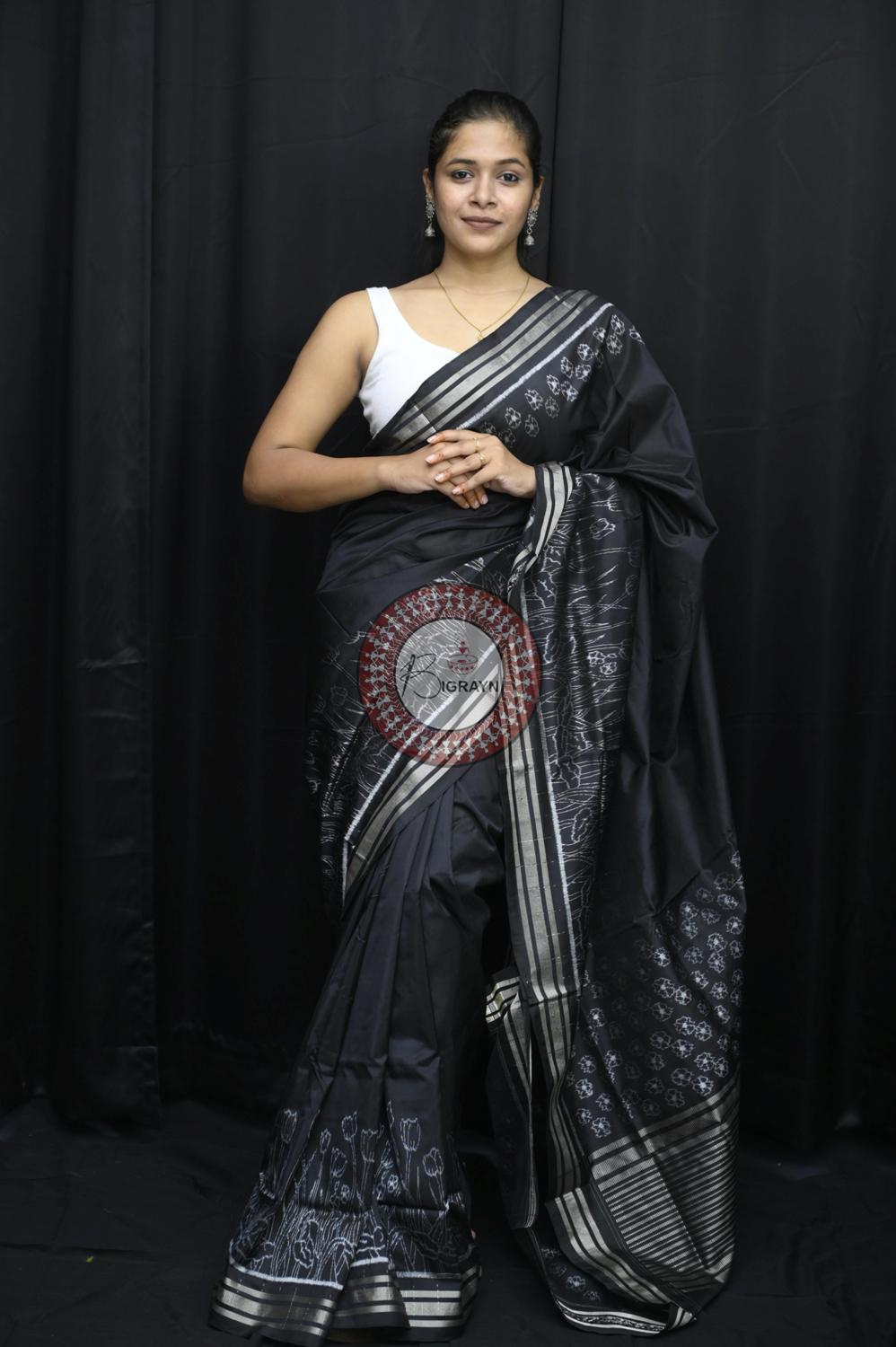 Black Tulips Lily Scot Natural Dye Sambalpuri Silk Saree