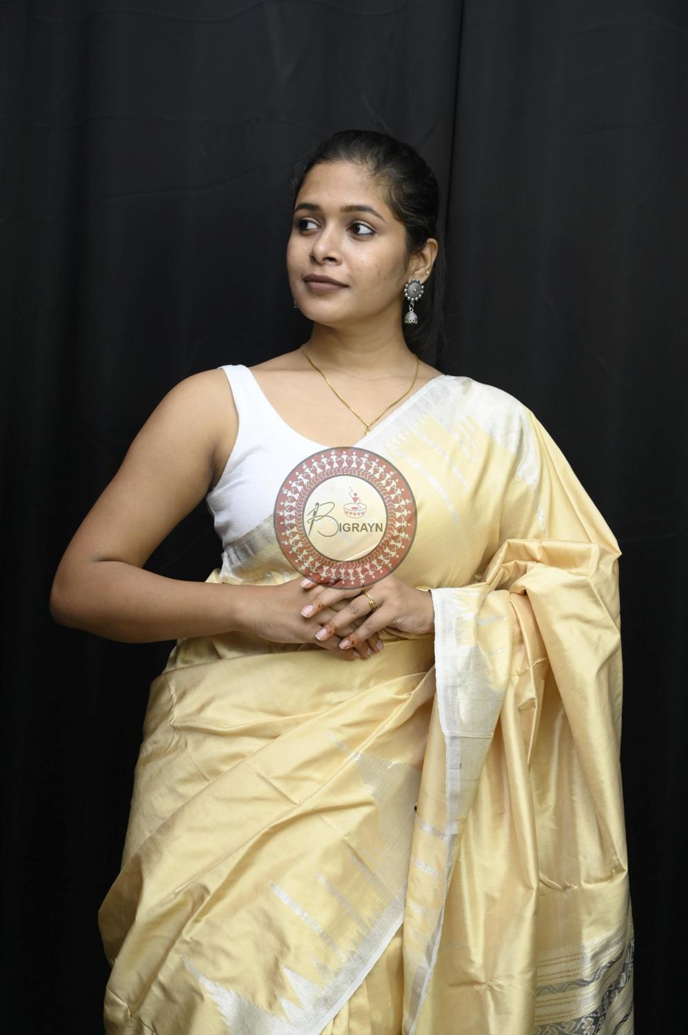 "Odisha Handloom Tissue Silk Saree with shimmering texture, elegant zari border, and lightweight drape, handcrafted by artisans"
