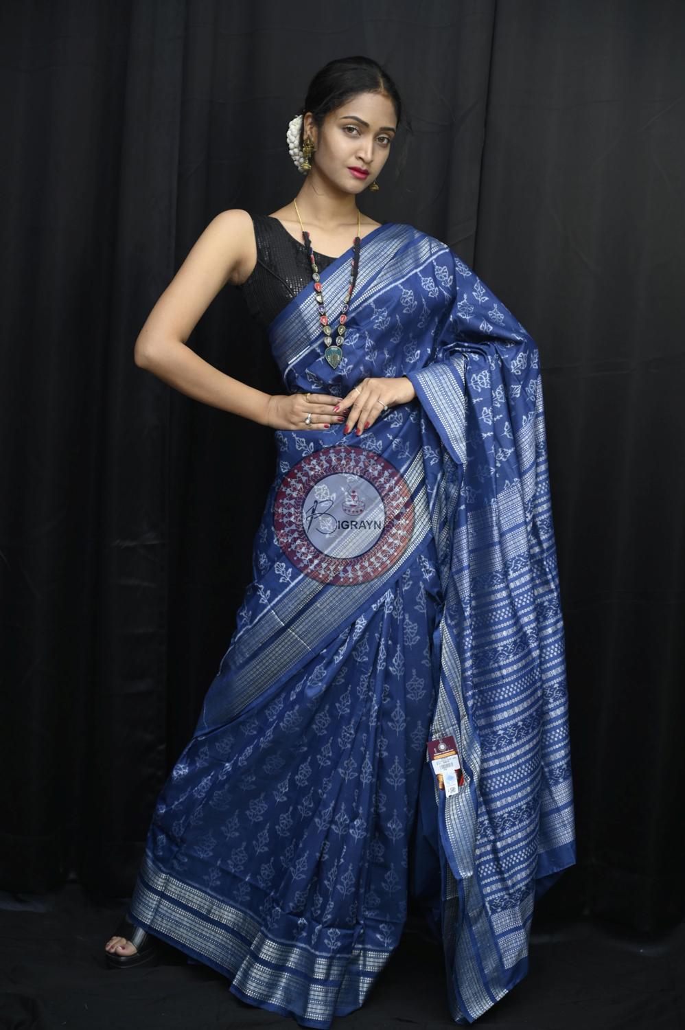 Indigo Hibiscus Natural Dye Sambalpuri Silk Saree
