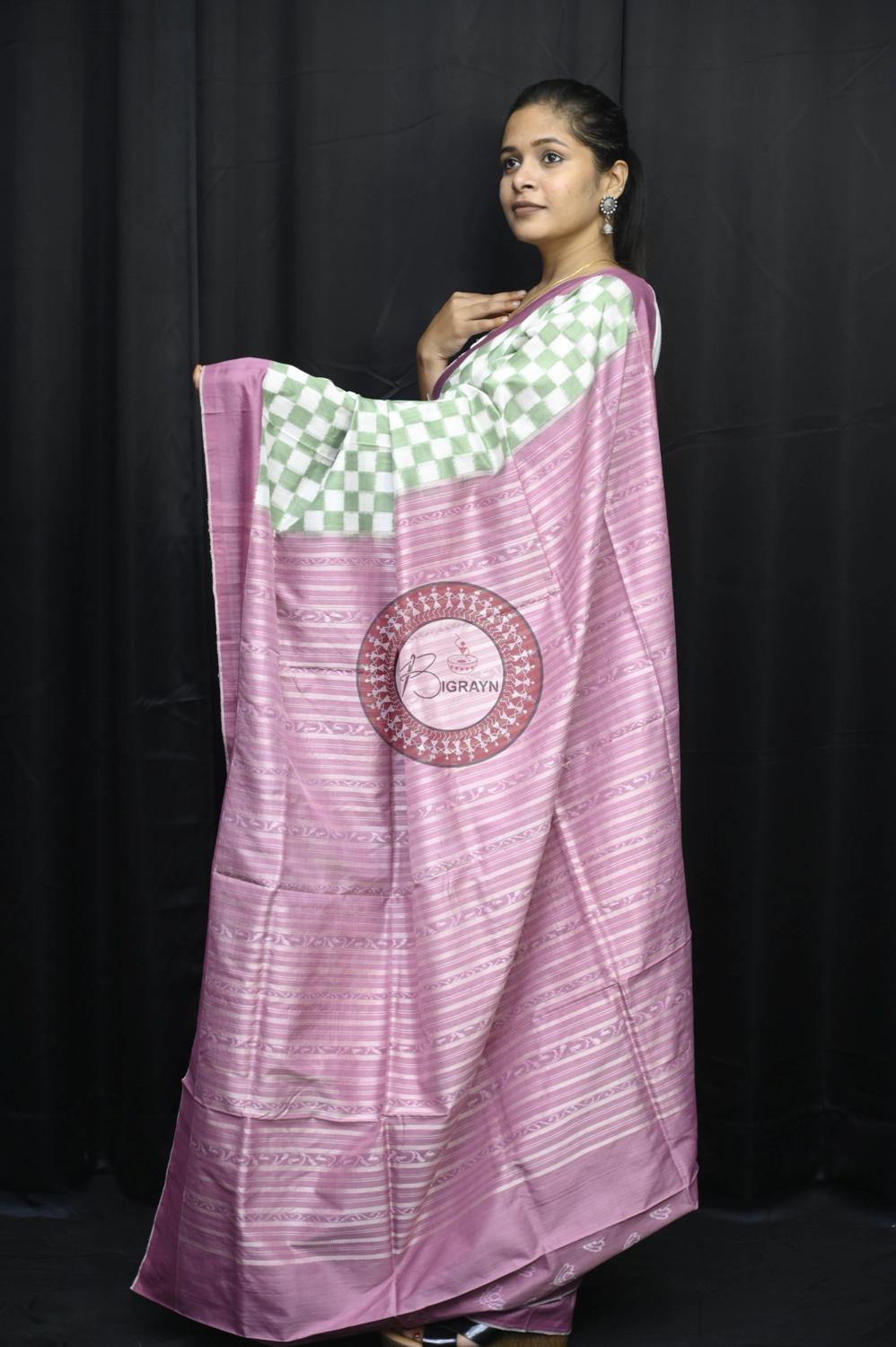 Green White Small Pasapali Natural Dye Sambalpuri Silk Saree