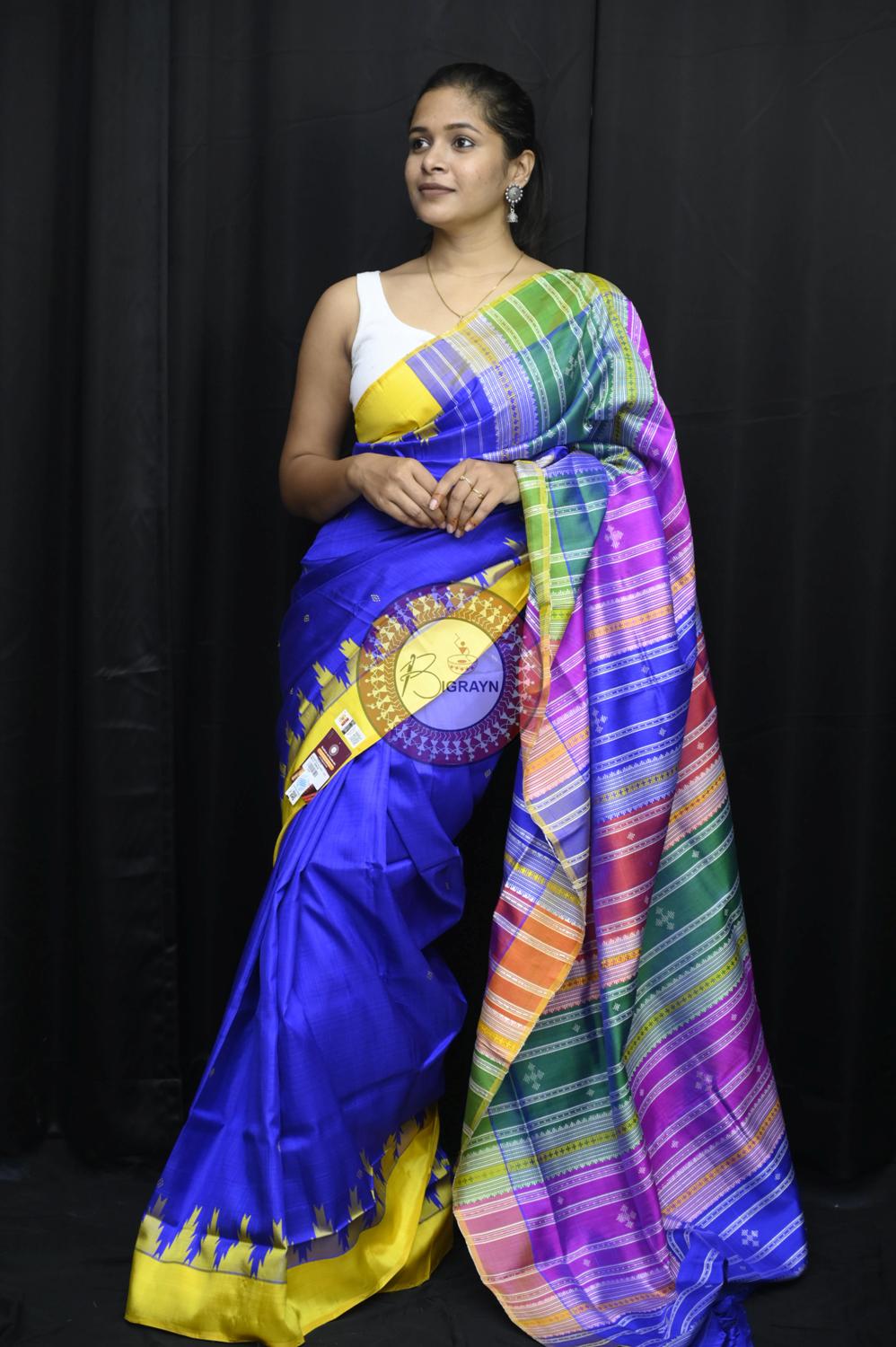 Royal Blue Yellow Multicolour Double Anchal Berhampuri Silk Saree
