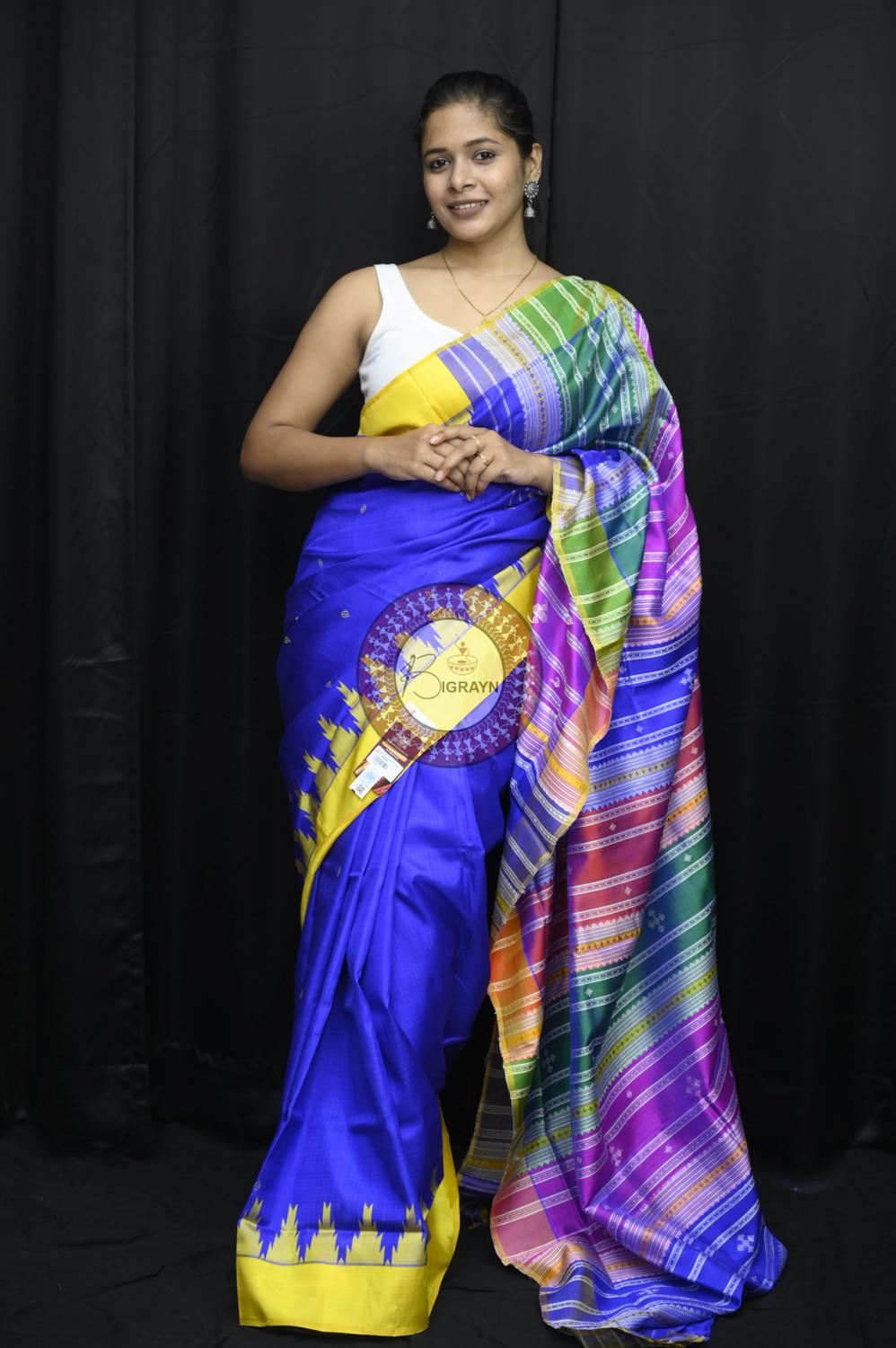 Royal Blue Yellow Multicolour Double Anchal Berhampuri Silk Saree