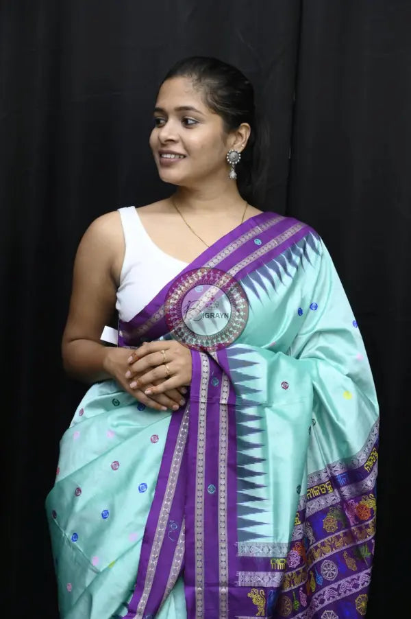 Aqua Blue Purple Neela Chakra Sambalpuri Silk Saree